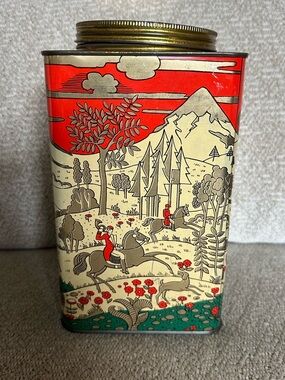 Vintage large metal canister, horse hound field hunting, red green, scratches